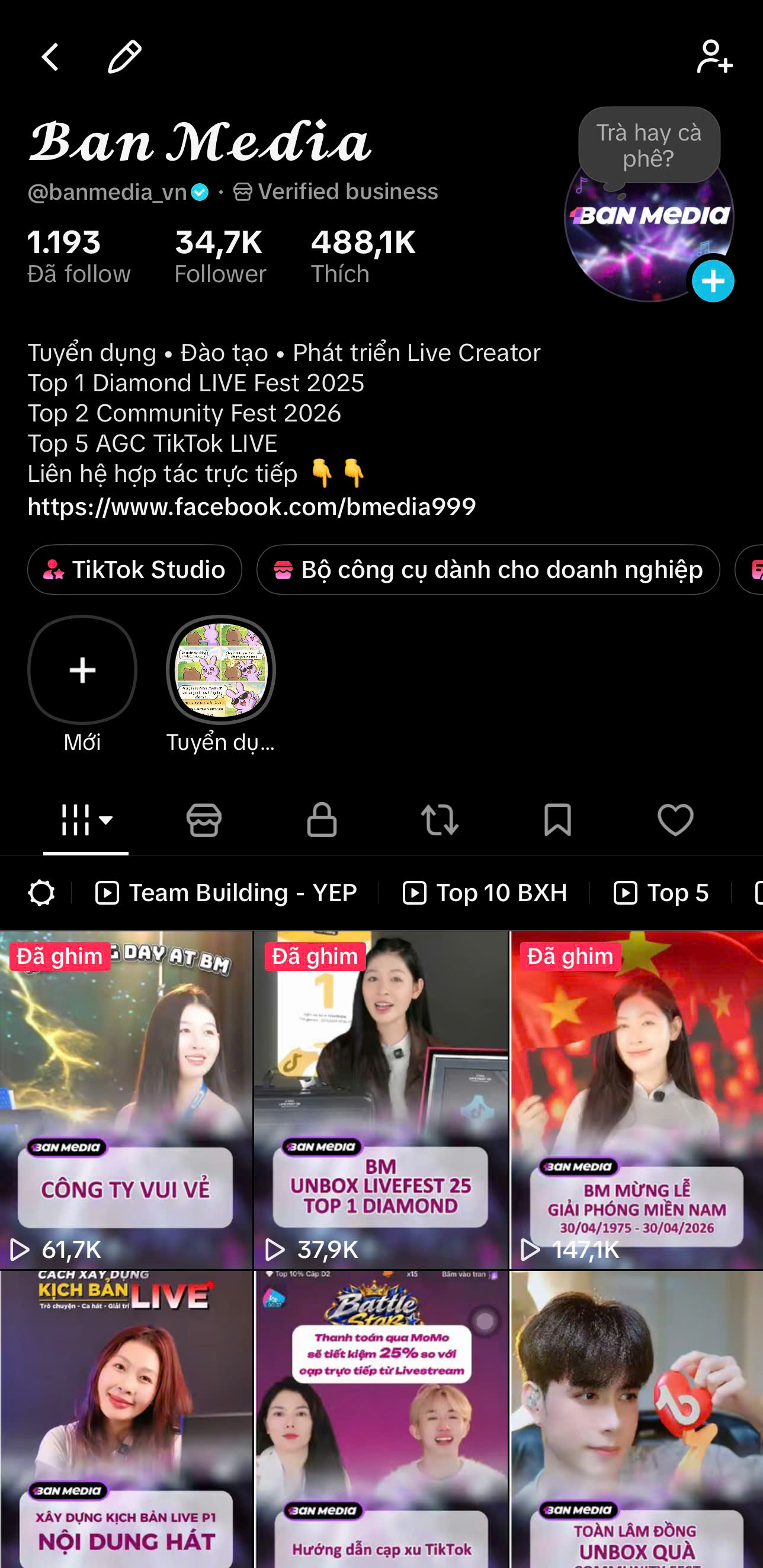 Trang TikTok chính thức BM ENTERTAINMENT, tài khoản @banmedia_vn